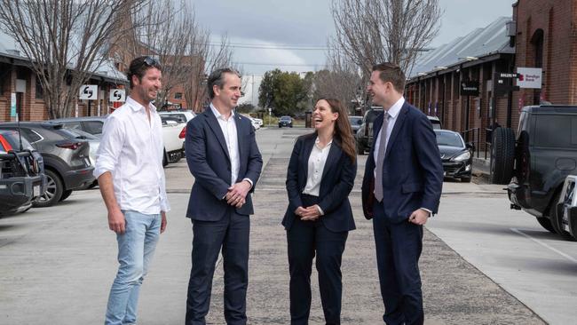 CBA boss Matt Comyn and executive manager Mel Forbes (middle) meet with Hamilton Group’s Cam Hamilton and Geelong Mayor Trent Sullivan. Picture: Brad Fleet.