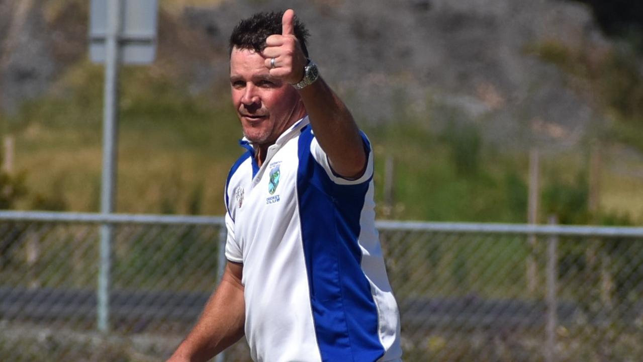 ALL SMILES: Harwood’s Dean Carroll gives a thumbs up on his way to collecting five wickets against Iluka over the weekend.