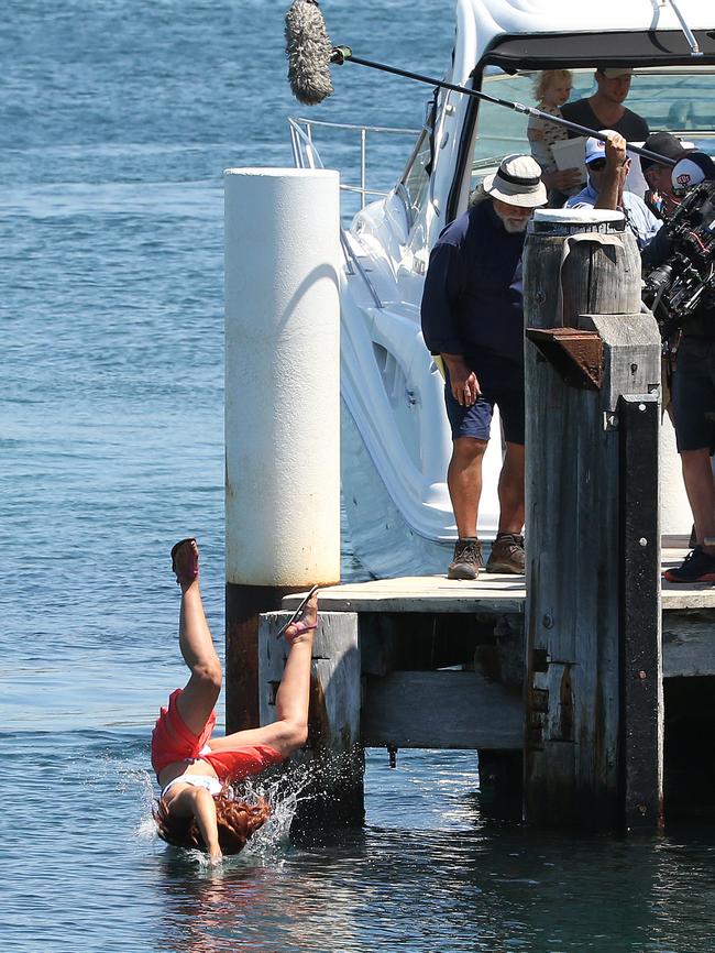 Stunt double, Jackie Murray, 39, from Camden falls into the water. Picture: Annika Enderborg