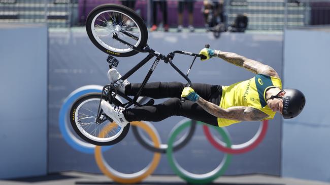 Logan Martin on his way to gold in the BMX freestyle finals on Sunday. Picture: Alex Coppel.