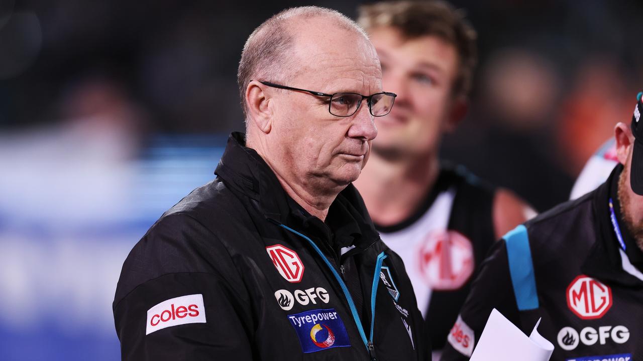 ADELAIDE, AUSTRALIA - AUGUST 13: Ken Hinkley, Senior Coach of the Power during the 2023 AFL Round 22 match between the Port Adelaide Power and the GWS GIANTS at Adelaide Oval on August 13, 2023 in Adelaide, Australia. (Photo by James Elsby/AFL Photos via Getty Images)