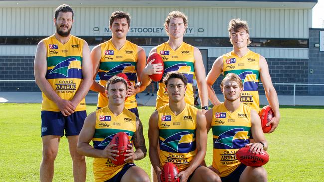 Eagles recruits (back) Jarrad Redden, Jordan Moore, Jack Boyd and Cameron Fleeton, (front) Luke McKay, Nathan Barkla and Josh Morris at Ottoway Oval. Picture: Matt Turner.