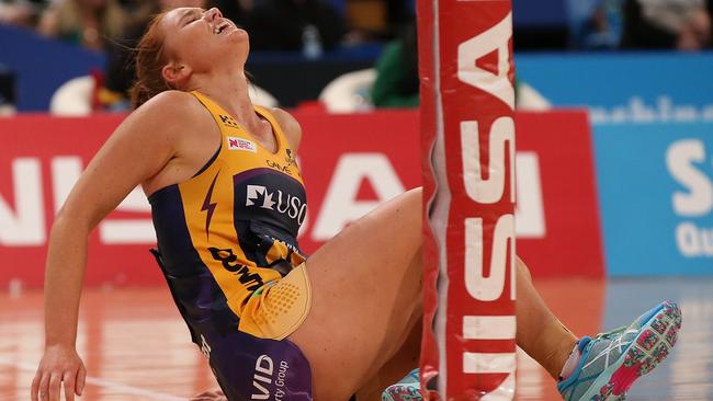 Stephanie Wood of the Lightning hits the deck in last year’s Grand Final.