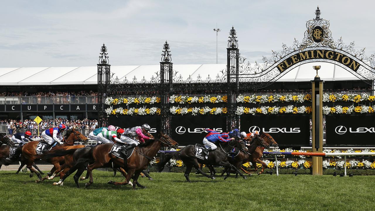 A shot of the finish of the 2019 Melbourne Cup, won by Vow and Declare.