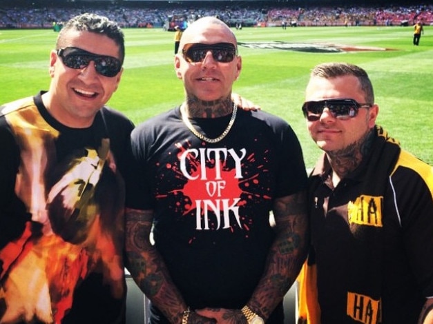 Kaz Hamad at the footy with Toby Mitchell and senior Mongol bikie Tyrone Bell. Picture: Instagram