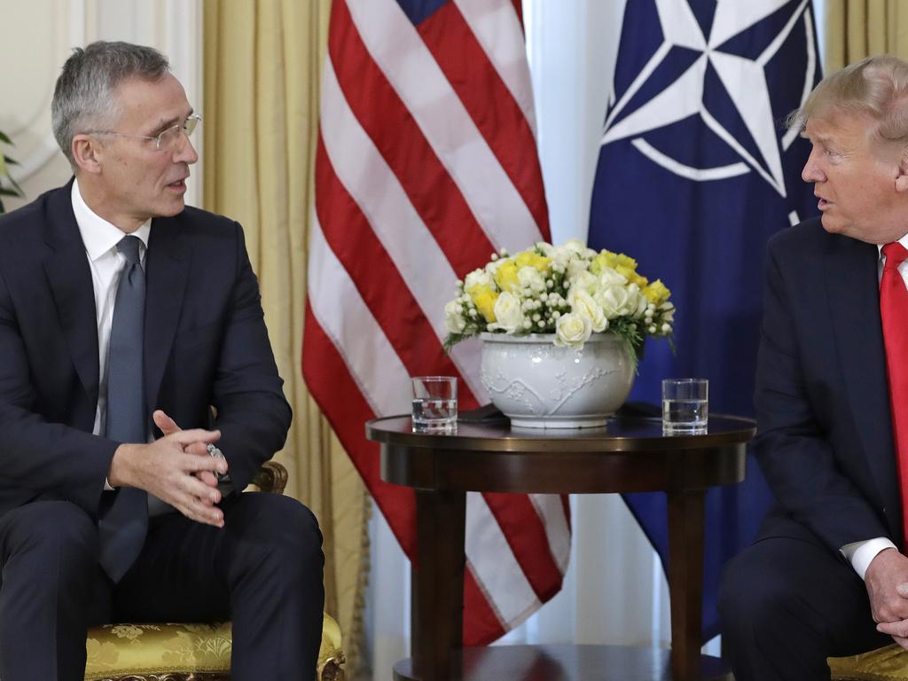 NATO Secretary-general, Jens Stoltenberg holds a press conference with US President Trump at the US Ambassador’s residence at Winfield House Picture: AP Photo/Evan Vucci.