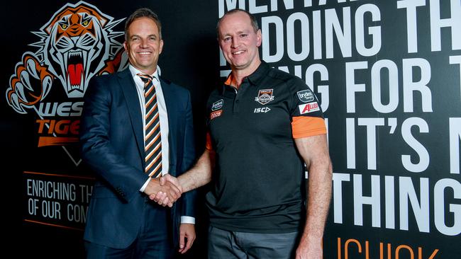Wests Tigers' CEO Justin Pascoe (left) announcing Michael Maguire as coach in November, 2018. Picture: AAP/Brendan Esposito