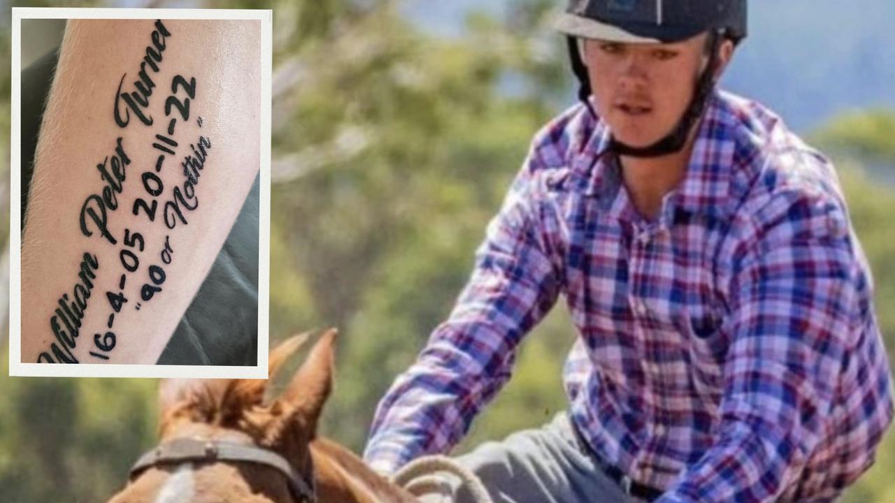 Young campdrafter William Turner, from Texas, was killed following a tragic accident on the Cunningham Highway, at Gladfield. Inset a tattoo tribute from a friend Lane Eastwell.