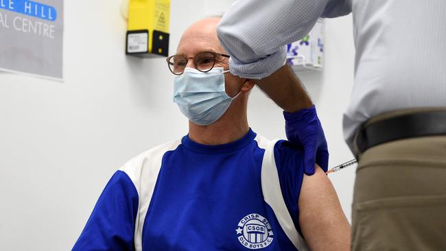 Chief Medical Officer Professor Paul Kelly receives his second and final COVID-19 vaccination shot. Picture: NCA NewsWire/Bianca De Marchi