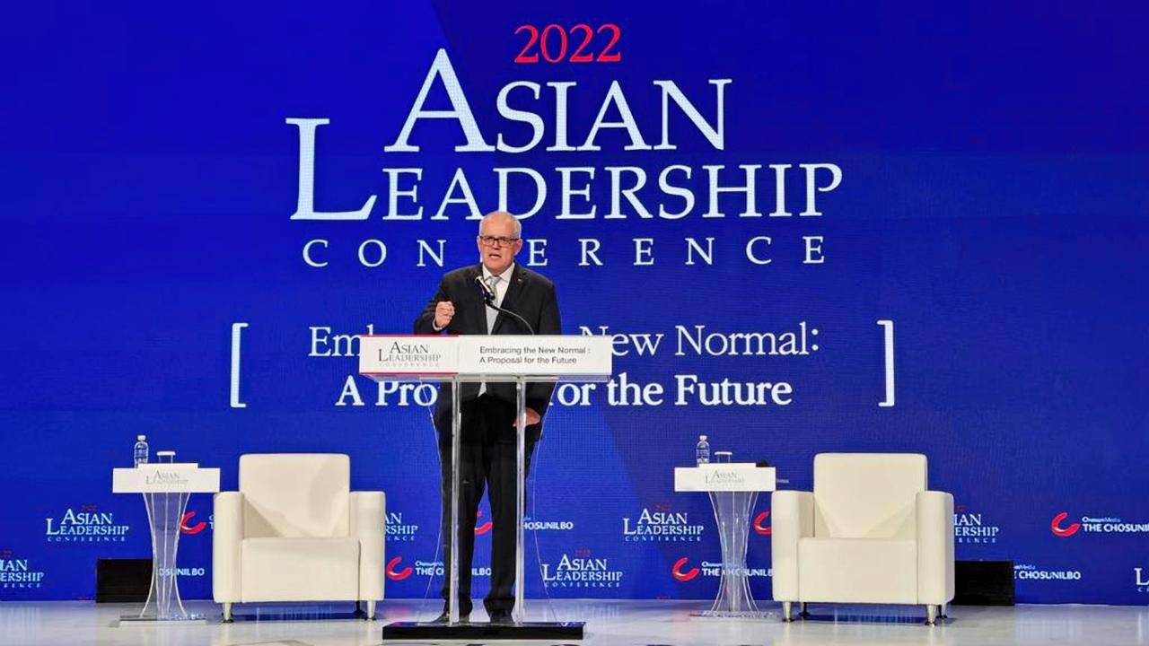 Former Australian Prime Minister Scott Morrison speaking to the Asian Leadership Conference in Seoul two weeks ago. Picture: Supplied