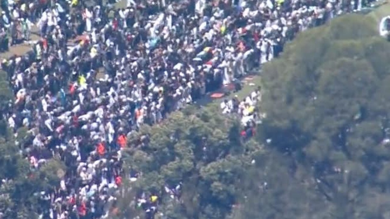 Hundreds on Friday gathered at a Lakemba park to pray for Palestinians suffering in the conflict. Picture: 9News