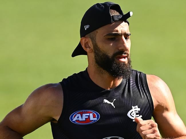 MELBOURNE, AUSTRALIA - DECEMBER 14: Adam Saad of the Blues runs laps during a Carlton Blues AFL training session at Ikon Park on December 14, 2020 in Melbourne, Australia. (Photo by Quinn Rooney/Getty Images)