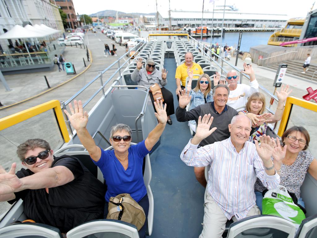 Cruise ship passengers enjoy a ride on Grayline's newest double decker tour bus in Hobart on its first day of operation yesterday (Friday). Picture: PATRICK GEE