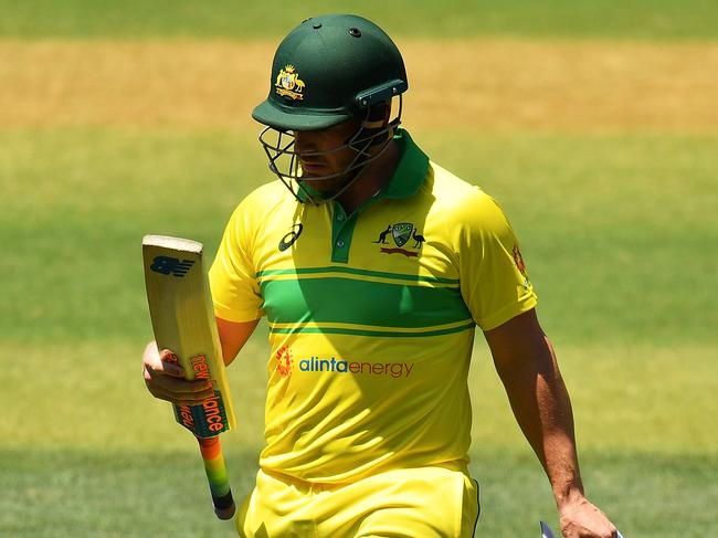 ADELAIDE, AUSTRALIA - JANUARY 15:  Aaron Finch of Australia walks from the field after being dismissed during game two of the One Day International series between Australia and India at Adelaide Oval on January 15, 2019 in Adelaide, Australia.  (Photo by Daniel Kalisz/Getty Images)