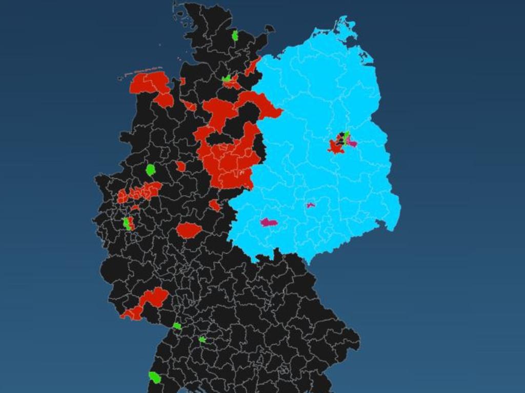 AfD (light blue) wins big in the former East Germany. The CDU/CSU (black) won in the former West Germany. Picture: ZDF.