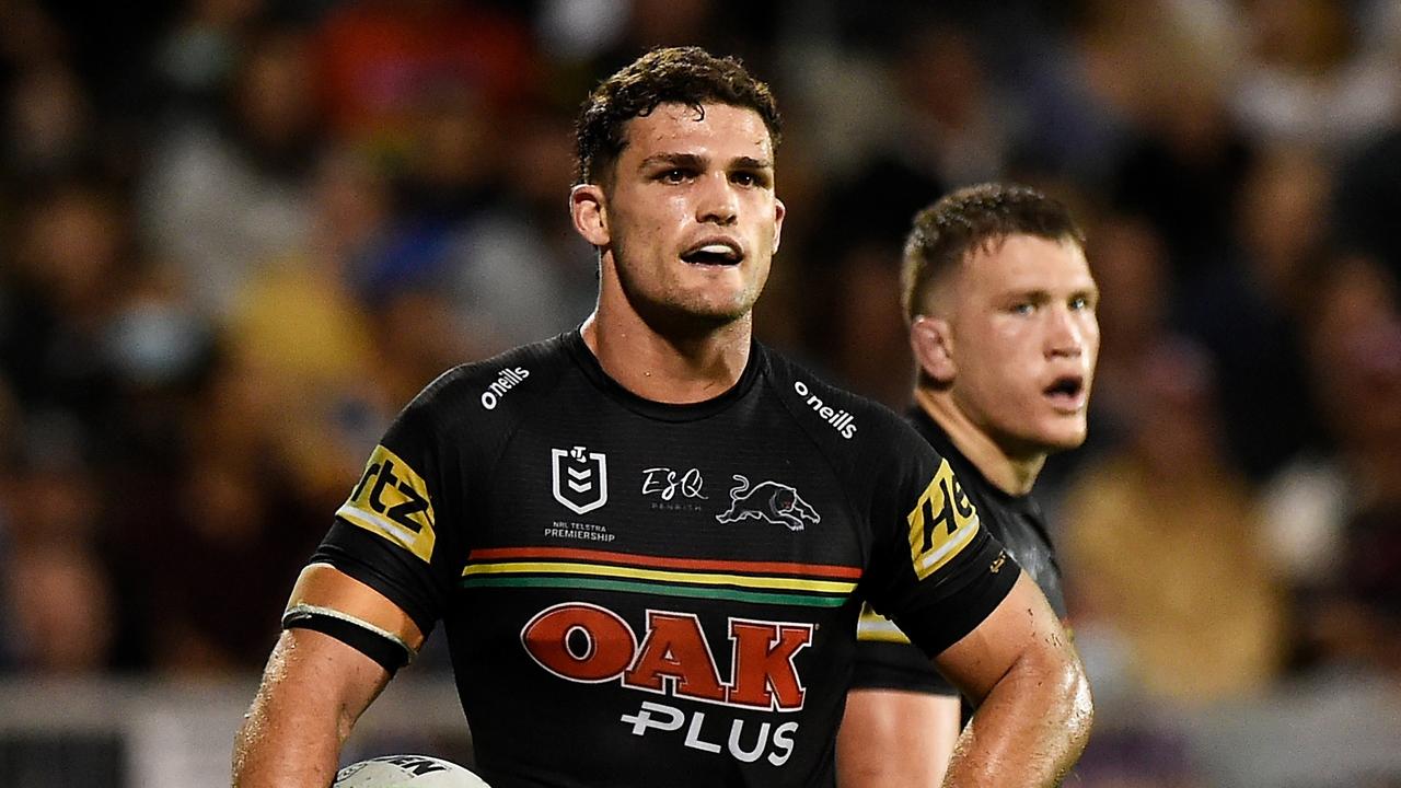 MACKAY, AUSTRALIA - SEPTEMBER 18: Nathan Cleary of the Panthers looks on during the NRL Semifinal match between the Penrith Panthers and the Parramatta Eels at BB Print Stadium on September 18, 2021 in Mackay, Australia. (Photo by Matt Roberts/Getty Images)