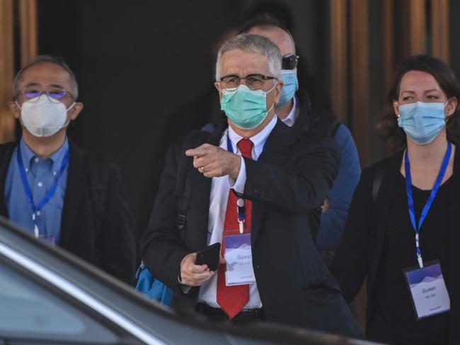 Dominic Dwyer (C) and other members of the World Health Organisation (WHO) team investigating the origins of the pandemic. Picture: AFP