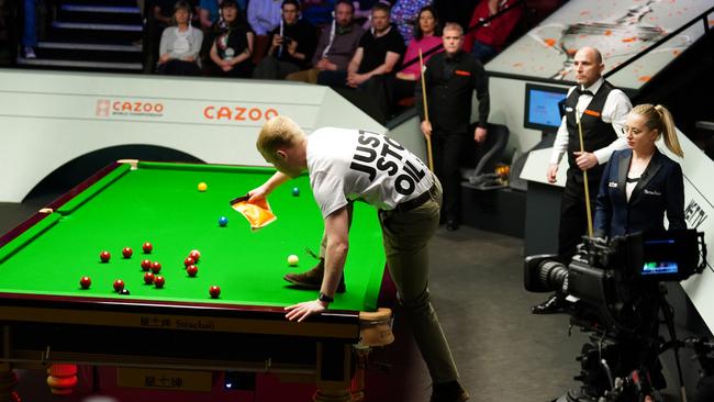 The protest during the Cazoo World Snooker Championship at the Crucible Theatre, Sheffield. Picture: Mike Egerton/PA Images via Getty Images