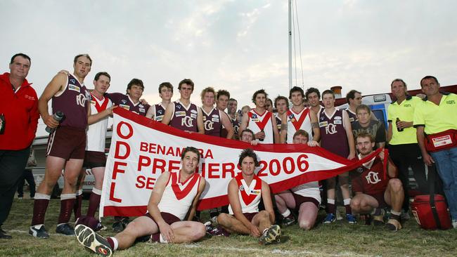 Last hurrah: Benambra players (white and red) donned the old guernsey to celebrate the 2006 flag in their first match in 2007.