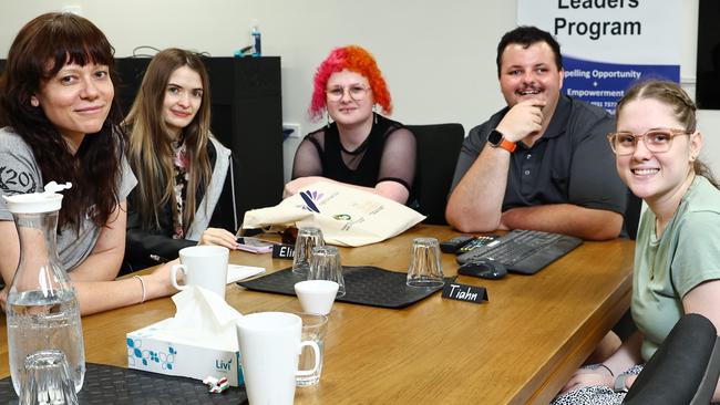 Disability advocacy group Right in Action have launched their Young Leaders Program, which empowers young people aged 18 to 26 living with a disability and gives them the assistance and skills to succeed. Young Leaders program facilitator Rozanne Doyle meets with program participants Elina Passant, Gotham Stevens, Julian Visintin and Tiahn Davis on the first day of the six month program. Picture: Brendan Radke