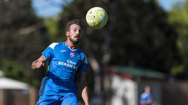 Brodie Welch of South West Queensland Thunder against Mitchelton Sports Club in FQPL men round 11 football at Clive Berghofer Stadium, Sunday, November 1, 2020. Picture: Kevin Farmer