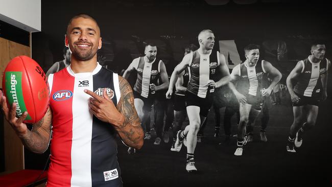 Brad Hill was revealed in his new St Kilda colours at Moorabbin on Friday. Picture: Micheal Klein