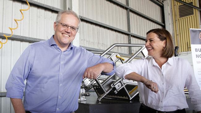 Prime Minister Scott Morrison and Queensland opposition LNP leader Deb Frecklington during the PM’s week long trip to the state during the election campaign. Picture: NCA NewsWire/Sarah Marshall