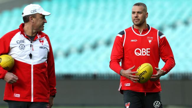 John Longmire with Lance Franklin at Sydney training. Picture. Phil Hillyard