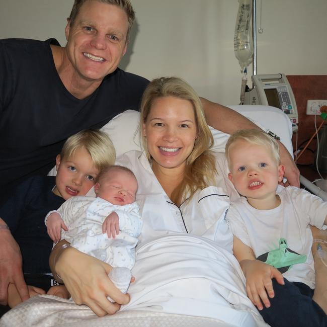 Nick and Catherine Riewoldt with James, Will and new baby Teddy.