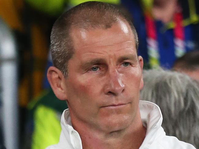 LONDON, ENGLAND - OCTOBER 03: Stuart Lancaster, Head Coach of England looks dejected after the 2015 Rugby World Cup Pool A match between England and Australia at Twickenham Stadium on October 3, 2015 in London, United Kingdom. (Photo by David Rogers/Getty Images)