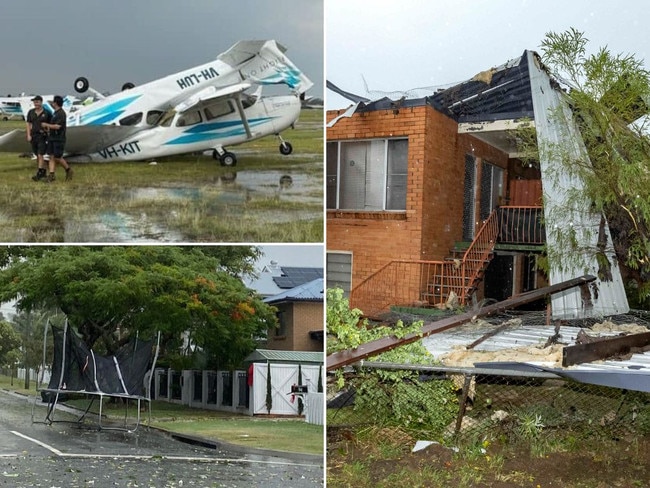 Damage to homes and aircraft in Brisbane after the storms.