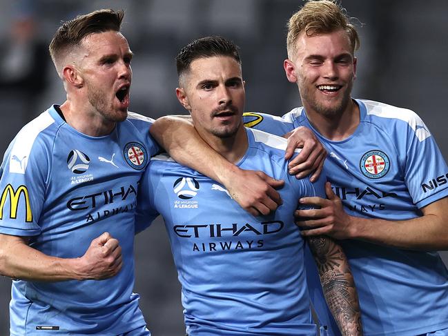 SYDNEY, AUSTRALIA - AUGUST 26: Jamie Maclaren of Melbourne City celebrates after scoring his teams first goal during the A-League Semi Final match between Melbourne City and Western United at Bankwest Stadium on August 26, 2020 in Sydney, Australia. (Photo by Ryan Pierse/Getty Images)