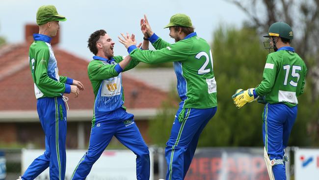 GDCA: Lachlan Wilkins celebrates a wicket with East Sunbury. Picture: Hamish Blair