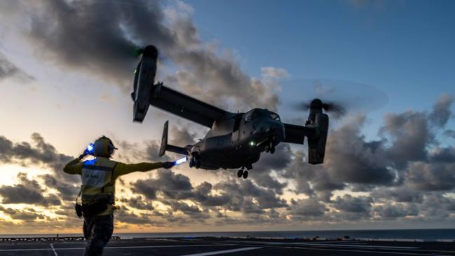 A MV-22B Osprey completing a landing qualification on-board HMAS Adelaide III. Picture: MRF-D.