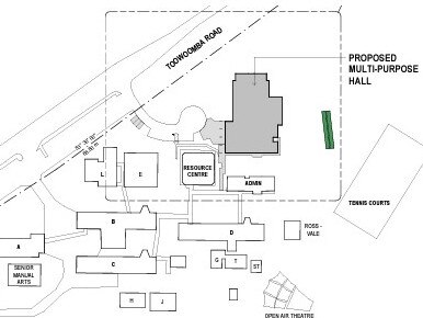 Blueprint showing the new 2023 upgrades to the Pittsworth State High School, including a new $7m multipurpose hall and a $900k upgrade to it’s manual arts block (pictured: bottom left) (Photo: PSHS)