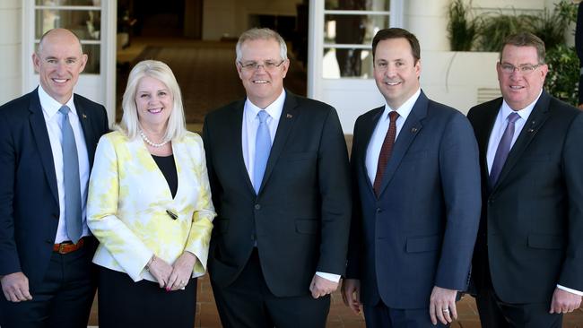 Stuart Robert, Assistant Treasurer, Karen Andrews, Industry Science and Technology, Prime Minister Scott Morrison, Steven Ciobo, Minister for Defence Industry and Scott Buchholz-Assistant Minister for Roads and Transport at Government House in Canberra. Picture: Kym Smith