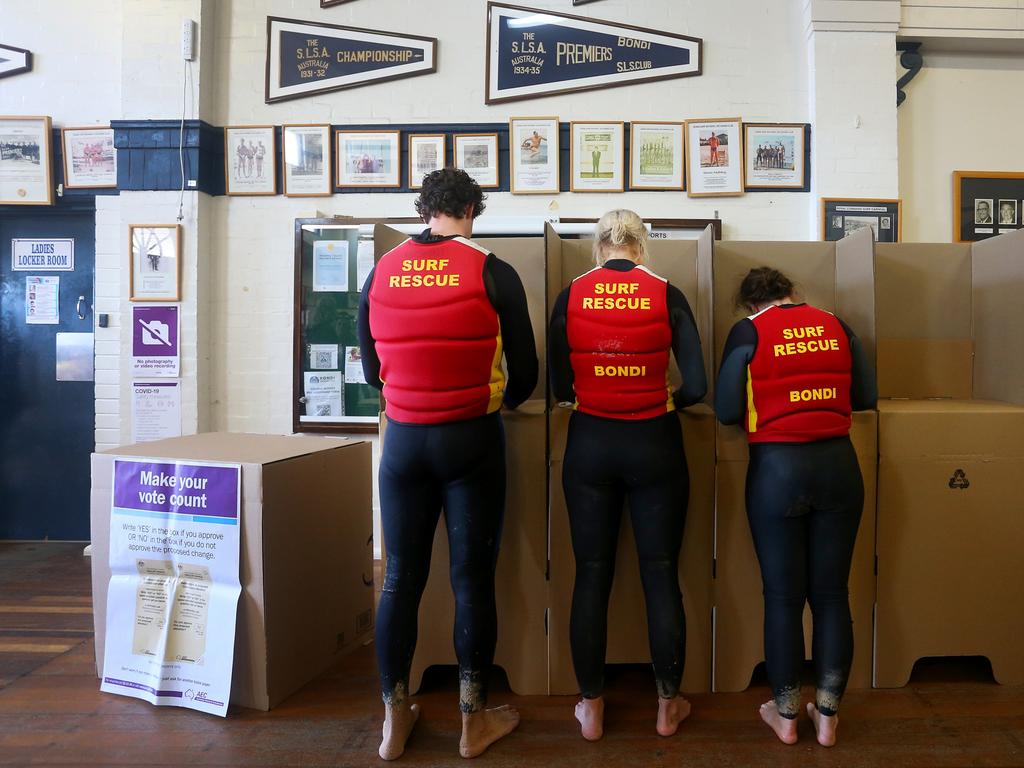 Surf Life Savers cast their vote at a polling centre in Bondi Beach. Picture: Lisa Maree Williams/Getty Images