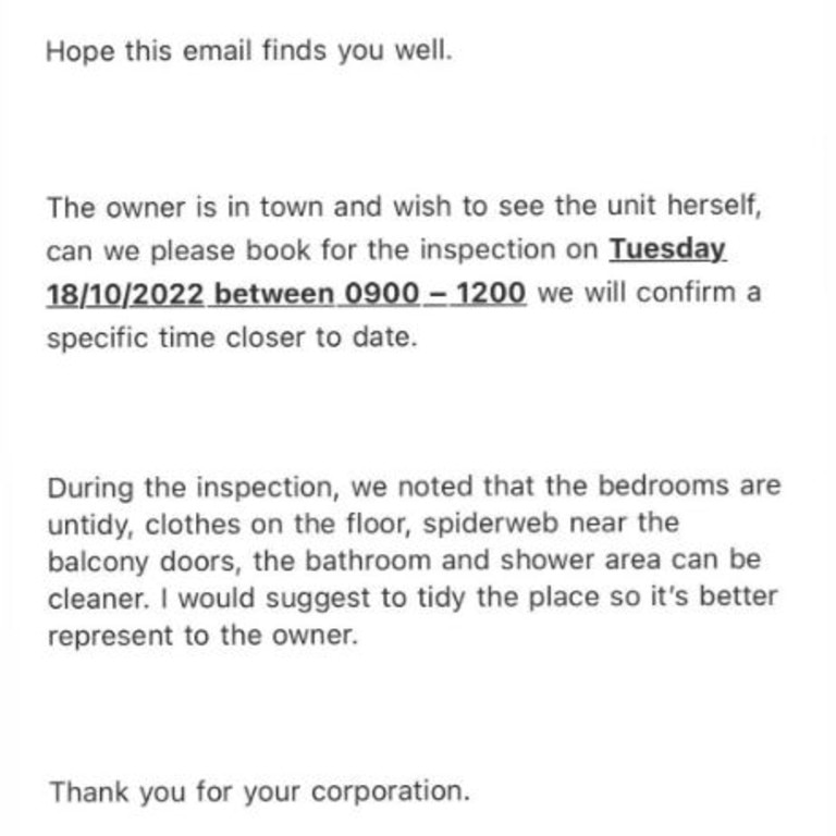 A Sydney renter shared this email to social media Thursday.