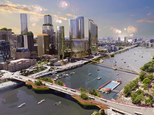 Courier Mail Future BNE campaign Urbis render. Aerial view of proposed ideas for Brisbane Southbank and CBD for the 2032 Olympics.