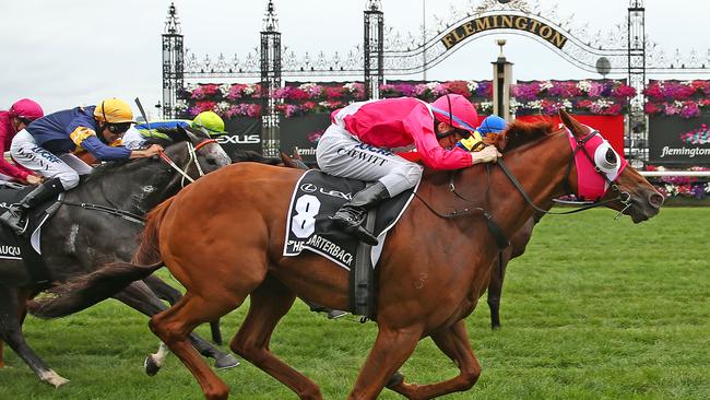 MELBOURNE, AUSTRALIA - MARCH 12: Craig Newitt riding The Quarterback wins race 6 the Lexus Newmarket Handicap during Super Saturday Racing at Flemington Racecourse on March 12, 2016 in Melbourne, Australia. (Photo by Scott Barbour/Getty Images for VRC)