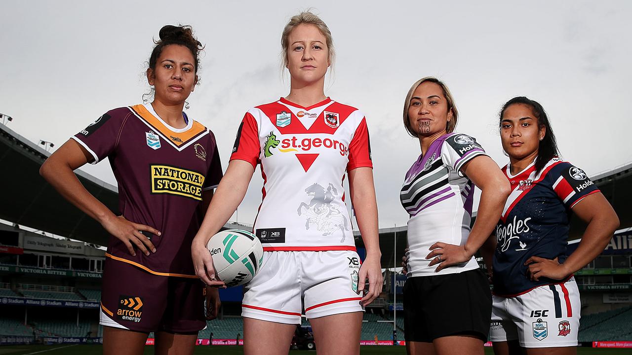 (From left) Tallesha Harden (Broncos), Talesha Quinn (Dragons), Hilda Mariu (Warriors) and Simaima Taufa (Roosters) ahead of the start of the NRL Women's competition.