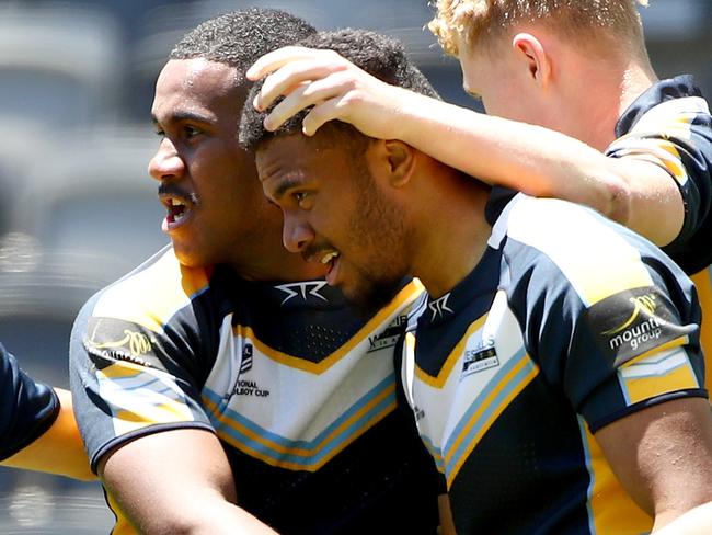 NRL Schoolboy Cup Semi Finals at Bankwest Stadium in Parramatta. Westfields Sports v Hills Sports. Westfield's Ashton Kolinisau (C) celebrates scoring a try with team mates in Westfield's 28-18 win over Hills. Picture: Toby Zerna