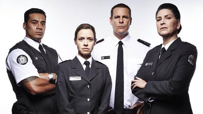 Robbie Magasiva, Kate Atkinson, Aaron Jeffery and Pamela Rabe starred in TV series Wentworth. Picture: Foxtel/Ben King