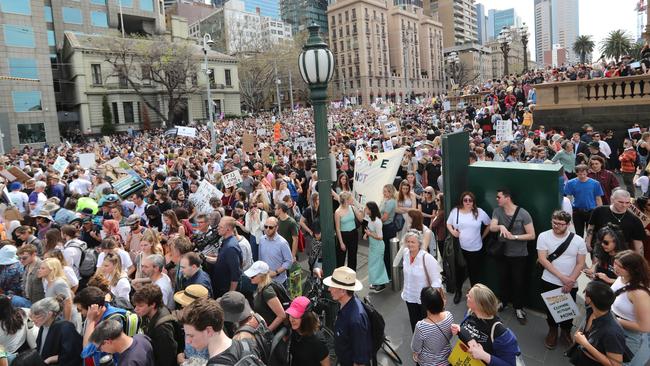 The scene outside State Parliament in Spring St. Picture: Alex Coppel