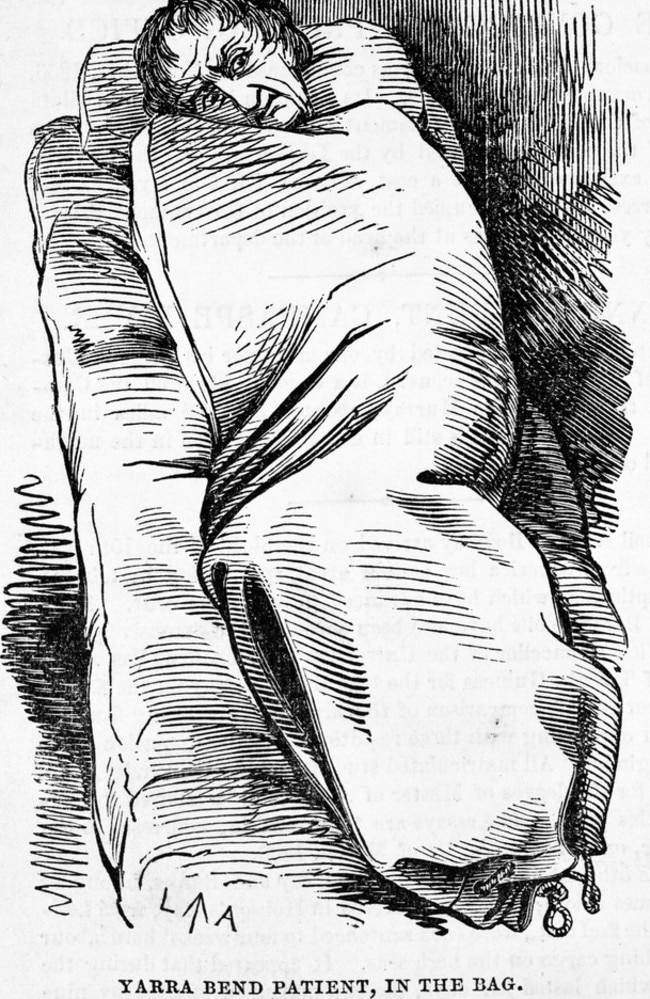 An 1862 illustration by Charles Frederick Somerton showing a Yarra Bend patient in a restrictive bag. Picture: State Library of Victoria