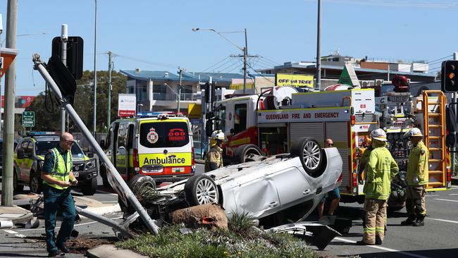 The scene of a single-car rollover on the Gold Coast Highway. Photograph : Jason O'Brien