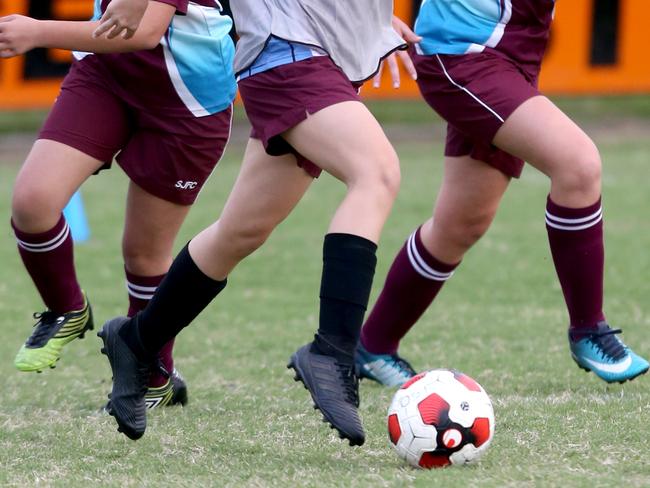 St Mary's College (grey) no.15 Elisha Stock V's St John Fisher College  - Catholic Secondary Schoolgirls' Sports Association Sports MinisterÕs Community Cup soccer, Brisbane, at the Grange on Wednesday May 15th, 2019 (Image AAP/Steve Pohlner)