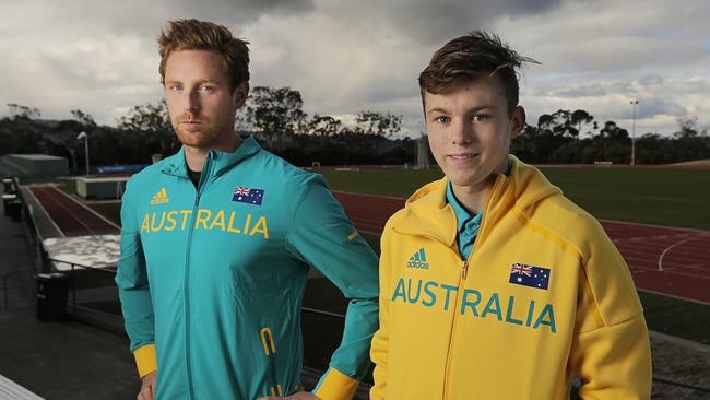 Olympic Javelin thrower Hamish Peacock and fellow Tasmanian athlete Samuel Walker, the Australian para-sprint under-16 record holder. Picture: MATHEW FARRELL