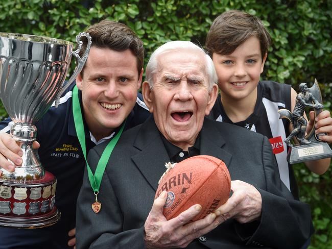 The legendary AFL Collingwood footballer, Lou Richards with his grand and greatgrand child, Ned Morrison (28) and Jack Nicholls (8) who both claim best and fairest gongs in same week for their teams. Picture:Tony Gough