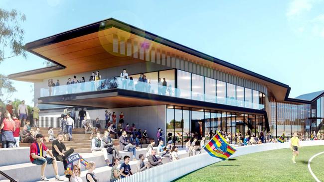 The proposed Adelaide Football Club HQ at Thebarton would seethe clubrooms and high-performance centre facing west from the South Rdside of the oval.